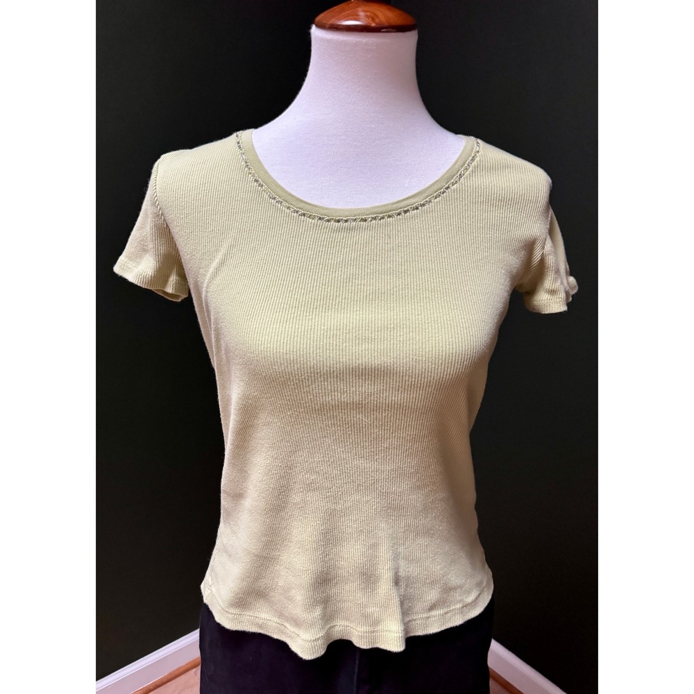 Vintage Style&Co Ribbed Knit Top Beaded Trim Short Sleeve Tee Size S